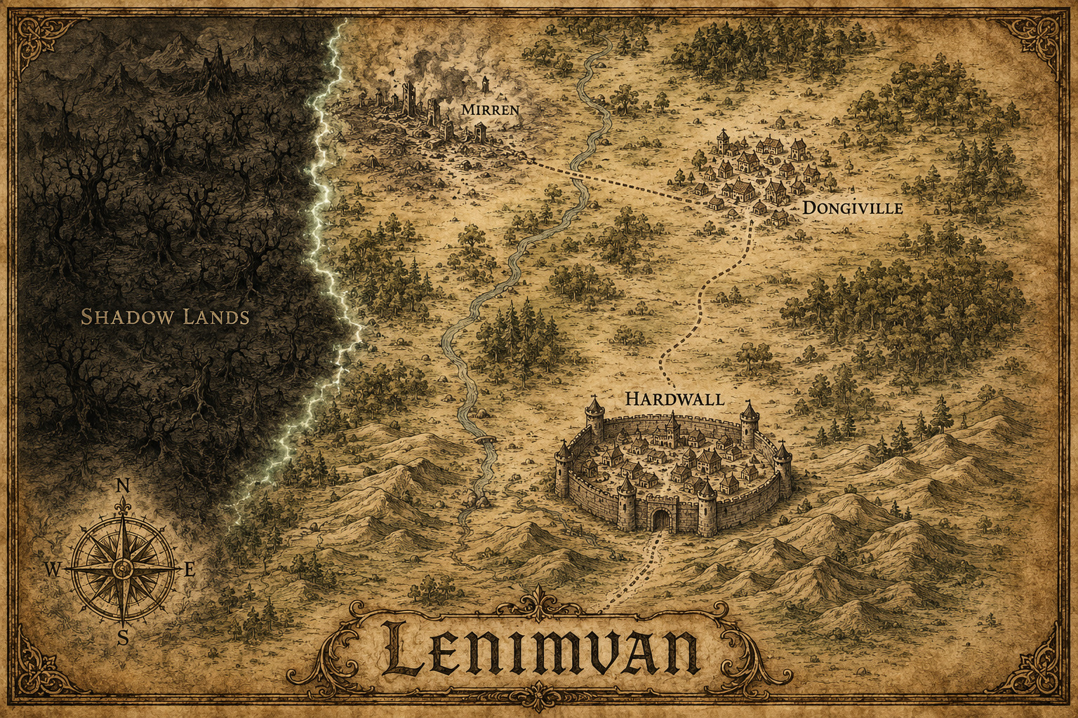 Map of Lenimvan — showing the Shadow Lands, Dongiville, Hardwall, Mirren, and the wilderness between them